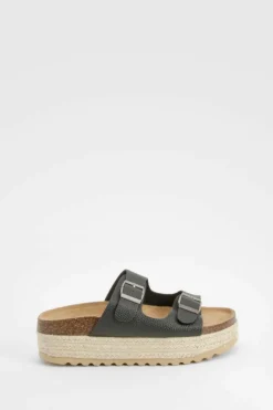 Sandals*boohoo Double Buckle Flatform Sandals black