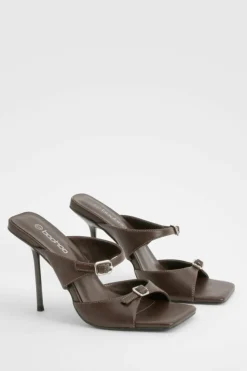 Sandals|Heels*boohoo Double Buckle Square Toe Heeled Mules chocolate