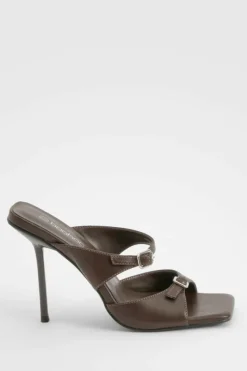 Sandals|Heels*boohoo Double Buckle Square Toe Heeled Mules chocolate