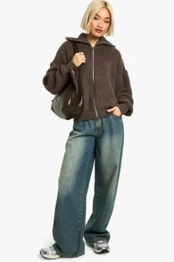 Cardigans|Jumpers & Cardigans*boohoo Double Ended Zip Up Brushed Knit Oversized Cardigan tobacco