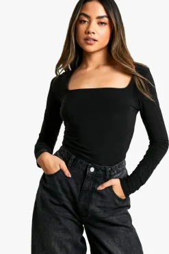 Long Sleeve Tops|Boohoo Basics*boohoo Double Layer Slinky Square Neck Long Sleeve Top black