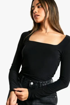 Long Sleeve Tops|Boohoo Basics*boohoo Double Layer Slinky Square Neck Long Sleeve Top black