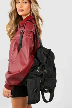 Handbags*boohoo Double Pocket Nylon Rucksack Bag black