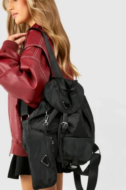Handbags*boohoo Double Pocket Nylon Rucksack Bag black