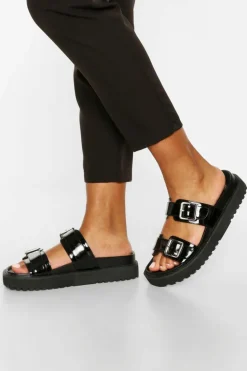 Sandals|Flats*boohoo Double Strap Chunky Footbed Sliders black
