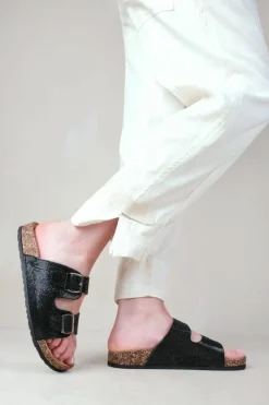 Sandals*Where's That From Double' Up Two Strap Flat Sandals With Diamante Detail Black