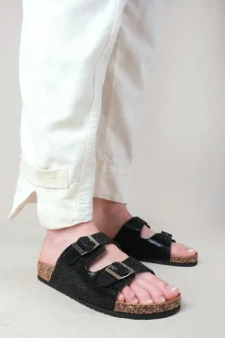 Sandals*Where's That From Double' Up Two Strap Flat Sandals With Diamante Detail Black