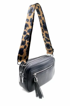 Cross-Body Bags*Kitise Double Zipper PU Leather Tassel Charm Wide Camo Strap Crossbody Bag Navy