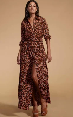 Shirt Dresses*Dancing Leopard Dove Leopard Print Maxi Shirt Dress Button Down 3/4 Sleeve Outfit Orange