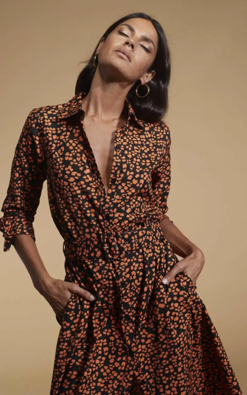 Shirt Dresses*Dancing Leopard Dove Leopard Print Maxi Shirt Dress Button Down 3/4 Sleeve Outfit Orange