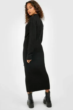Jumper Dresses|Jumper Dresses*boohoo Drawstring Waist Knitted Midi Dress black