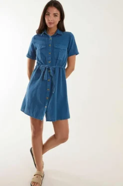 Shirt Dresses*Blue Vanilla Drawstring Waist Shirt Dress Mid Blue