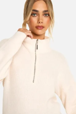 Jumpers*boohoo Drawstring Zip Funnel Neck Jumper ecru