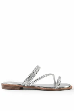 Sandals*Where's That From Dream' Extra Wide Strappy Flat Slider Sandals With Diamante Detail Silver