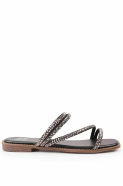 Sandals*Where's That From Dream' Strappy Flat Slider Sandals With Diamante Detail Black