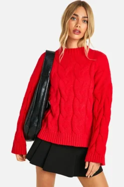 Oversized Jumpers*boohoo Drop Shoulder All Over Cable Oversized Jumper rich red