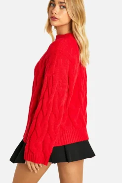Oversized Jumpers*boohoo Drop Shoulder All Over Cable Oversized Jumper rich red