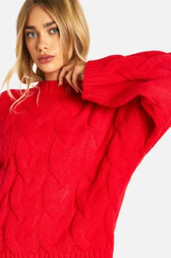 Oversized Jumpers*boohoo Drop Shoulder All Over Cable Oversized Jumper rich red