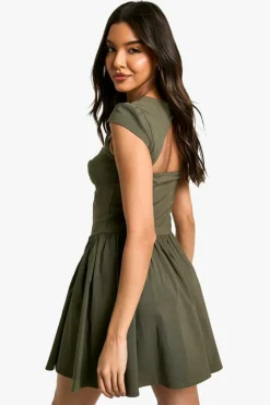Skater Dresses*boohoo Dropped Waist Cap Sleeve Mini Dress khaki
