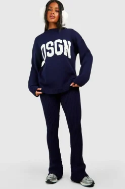 Knitted Co-Ords|Leggings*boohoo Dsgn Crew Neck Knitted Jumper And Flare Legging Set navy