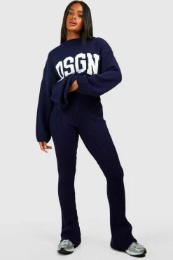 Knitted Co-Ords|Leggings*boohoo Dsgn Crew Neck Knitted Jumper And Flare Legging Set navy
