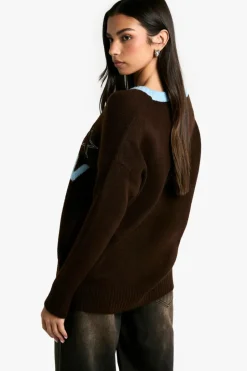 Oversized Jumpers|Jumpers*boohoo DSGN Embroidered Oversized V Neck Knitted Jumper chocolate