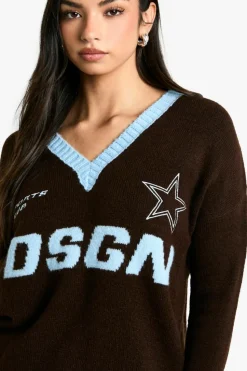 Oversized Jumpers|Jumpers*boohoo DSGN Embroidered Oversized V Neck Knitted Jumper chocolate