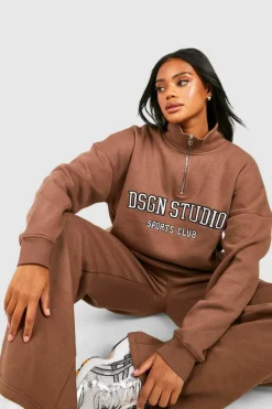 Sweatshirts|Dsgn Studio*boohoo Dsgn Studio Applique Oversized Half Zip Sweatshirt mocha
