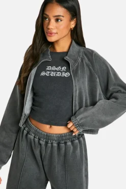 Sweatshirts|Dsgn Studio*boohoo Dsgn Studio Applique Washed Zip Through Bomber Sweatshirt charcoal