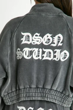Sweatshirts|Dsgn Studio*boohoo Dsgn Studio Applique Washed Zip Through Bomber Sweatshirt charcoal