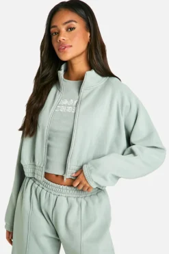Sweatshirts|Hoodies & Sweatshirts*boohoo Dsgn Studio Applique Washed Zip Through Bomber Sweatshirt sage