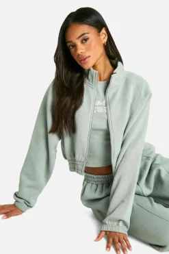 Sweatshirts|Hoodies & Sweatshirts*boohoo Dsgn Studio Applique Washed Zip Through Bomber Sweatshirt sage