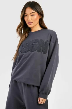 Sweatshirts|Dsgn Studio*boohoo Dsgn Studio Bubble Towelling Applique Oversized Sweatshirt charcoal