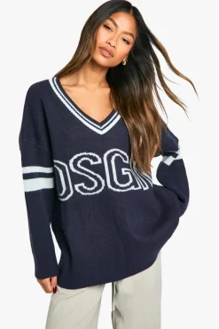 Jumpers*boohoo DSGN Studio Knitted V Neck Jumper navy