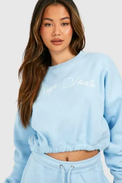 Sweatshirts|Hoodies & Sweatshirts*boohoo Dsgn Studio Printed Elasticated Hem Cropped Boxy Sweatshirt blue