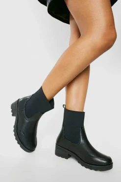 Heels|Heeled Boots*boohoo Elastic Panel Block Heel Chelsea Boots black