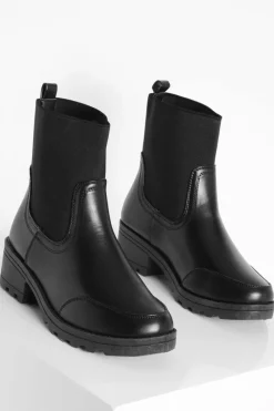 Heels|Heeled Boots*boohoo Elastic Panel Block Heel Chelsea Boots black