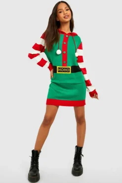 Jumper Dresses|Jumper Dresses*boohoo Elf Hooded Christmas Jumper Dress green