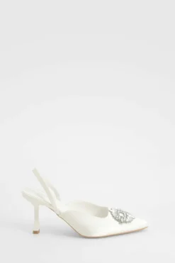 Heels*boohoo Embellished Satin Slingback Court Shoes white