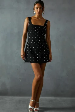 A Line Dresses*MissPap Embellished Tweed Square Neck A-line Mini Dress black