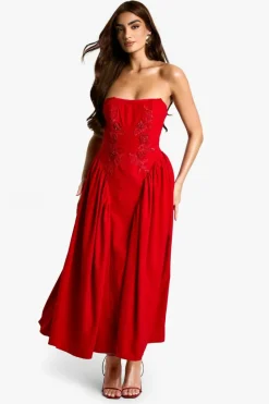 Skater Dresses*boohoo Embellished Woven Crepe Midaxi Skater Dress red