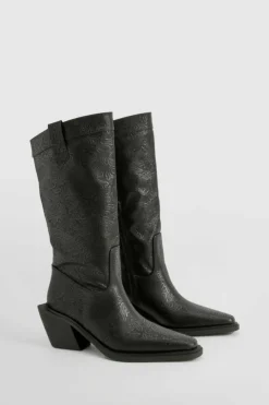 Knee High Boots|Cowboy Boots*boohoo Embossed Pointed Western Knee High Boots black