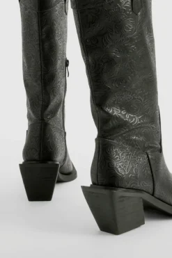 Knee High Boots|Cowboy Boots*boohoo Embossed Pointed Western Knee High Boots black