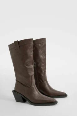 Knee High Boots|Cowboy Boots*boohoo Embossed Pointed Western Knee High Boots brown