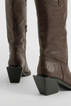 Knee High Boots|Cowboy Boots*boohoo Embossed Pointed Western Knee High Boots brown