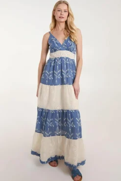 Cami Dresses*Blue Vanilla Embroidered Block Out Stripe Cami Dress Blue
