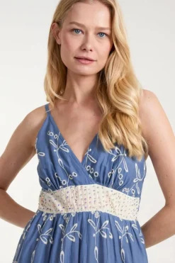 Cami Dresses*Blue Vanilla Embroidered Block Out Stripe Cami Dress Blue
