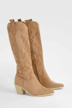 Calf High Boots|Cowboy Boots*boohoo Embroidered Calf High Western Boots camel