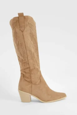 Calf High Boots|Cowboy Boots*boohoo Embroidered Calf High Western Boots camel