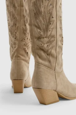 Cowboy Boots|All Boots*boohoo Embroidered Cut Knee High Western Boots taupe